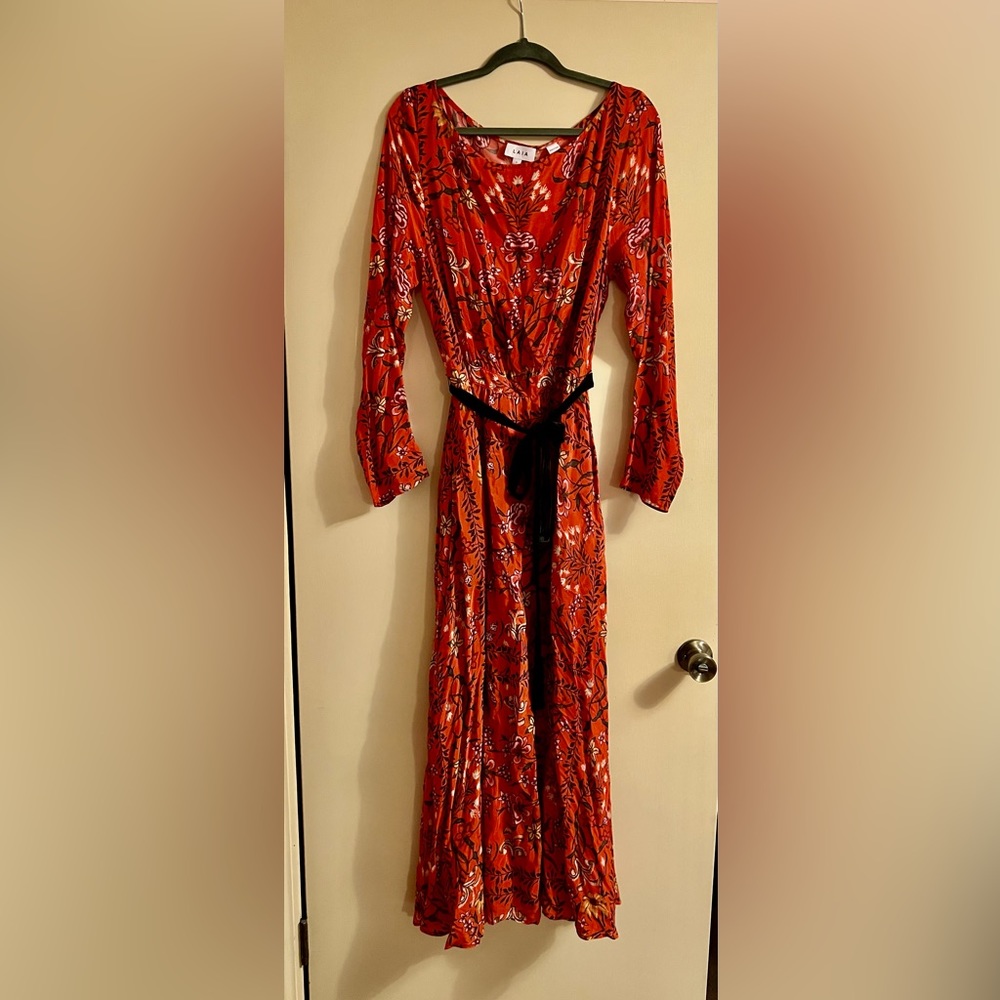 Anthropologie burnt orange/floral silk dress with black velvet belt- Brand LAIA